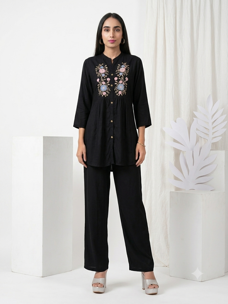 2 Piece Embroidered Black Co-Ord Set