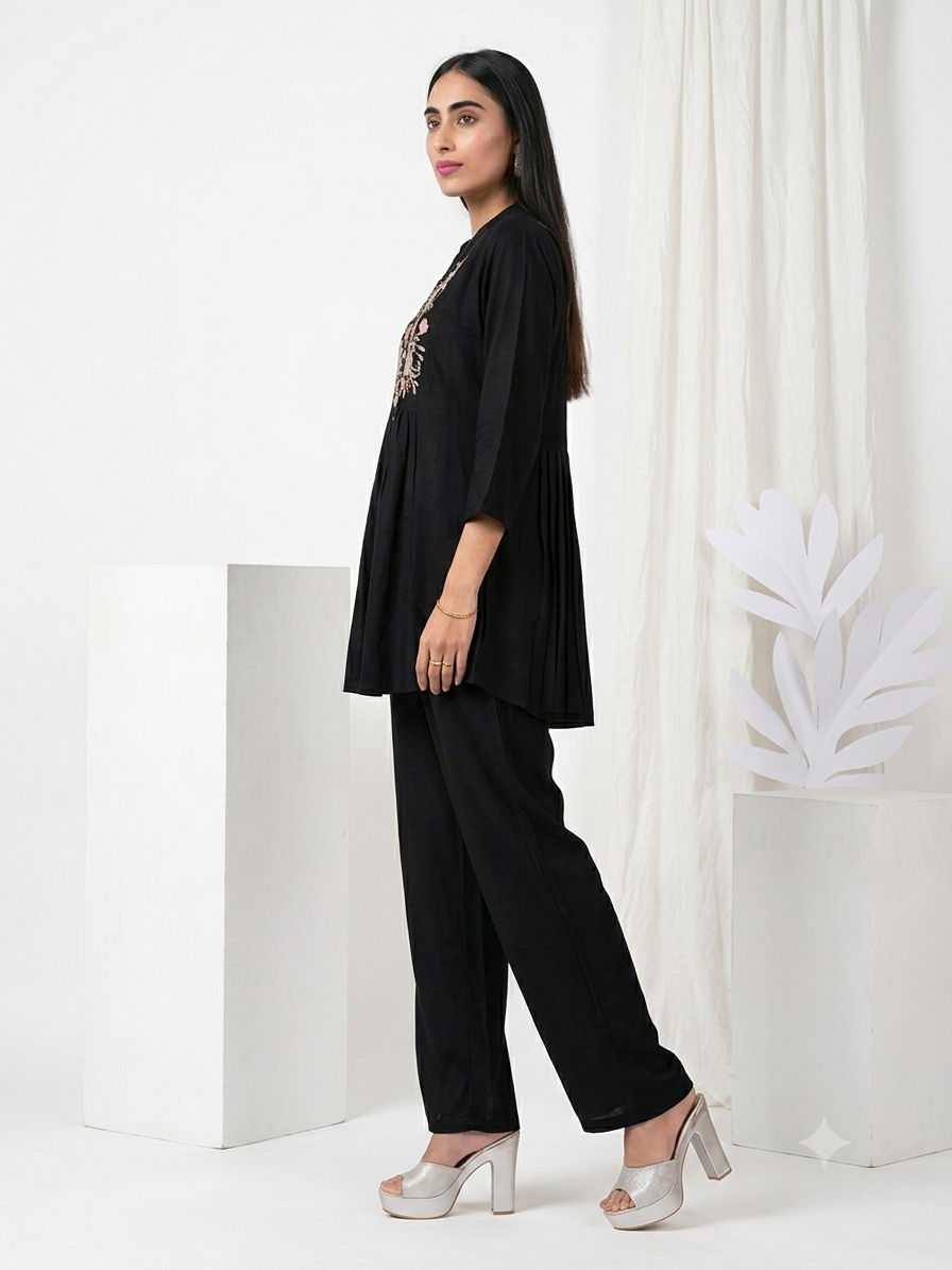 2 Piece Embroidered Black Co-Ord Set