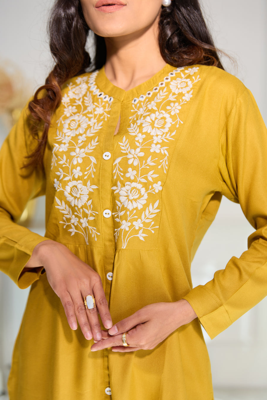 Mustard Embroidered Short Kurti