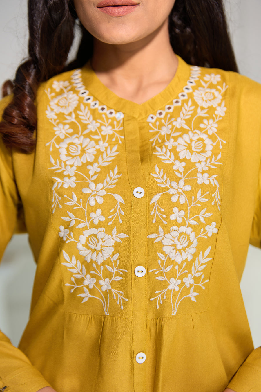 Mustard Embroidered Short Kurti