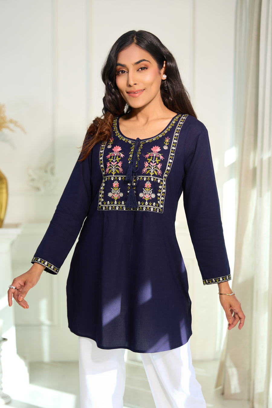 Navy Blue Embroidered Short Kurti