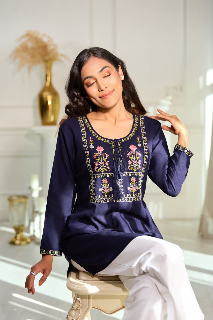 Navy Blue Embroidered Short Kurti