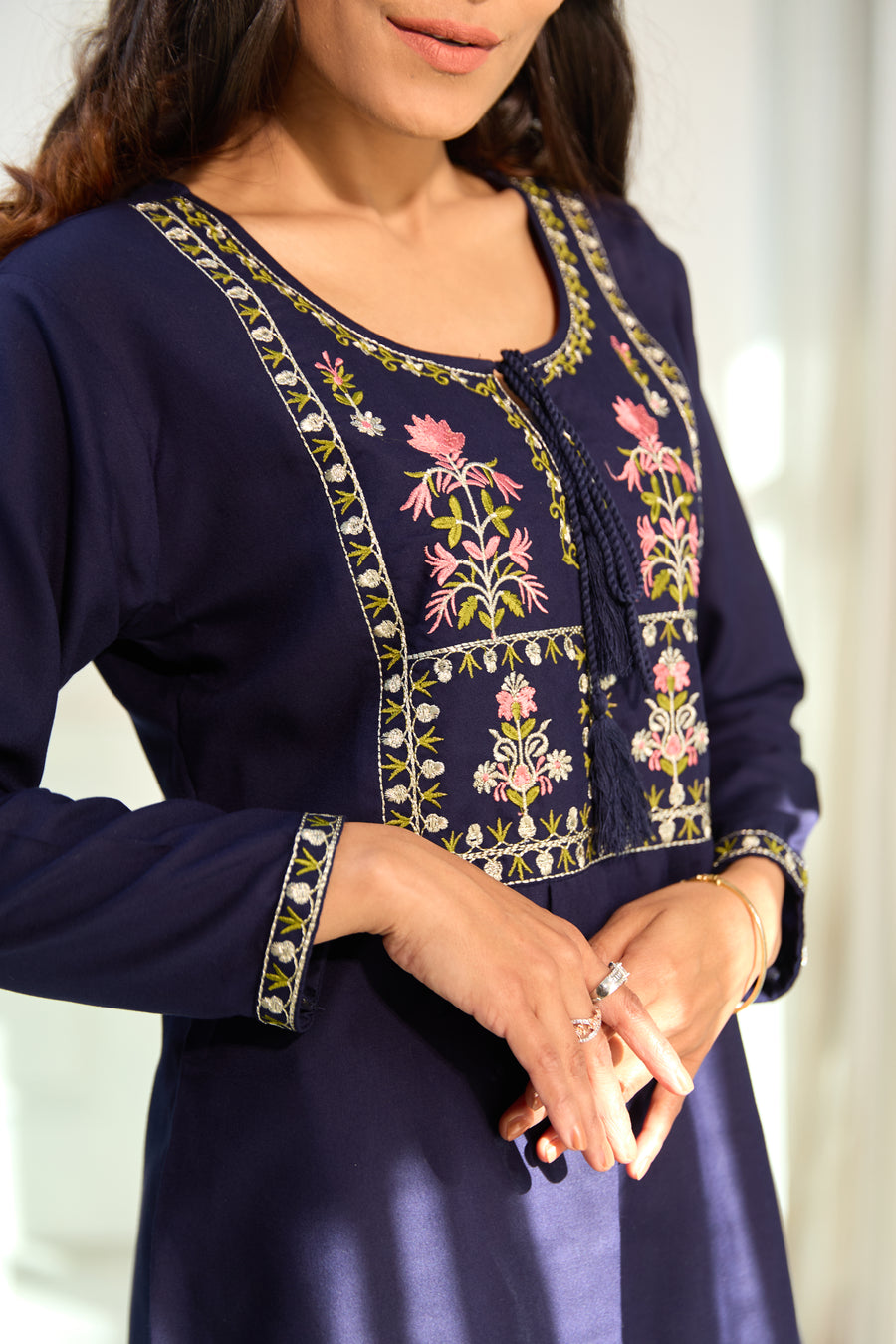 Navy Blue Embroidered Short Kurti