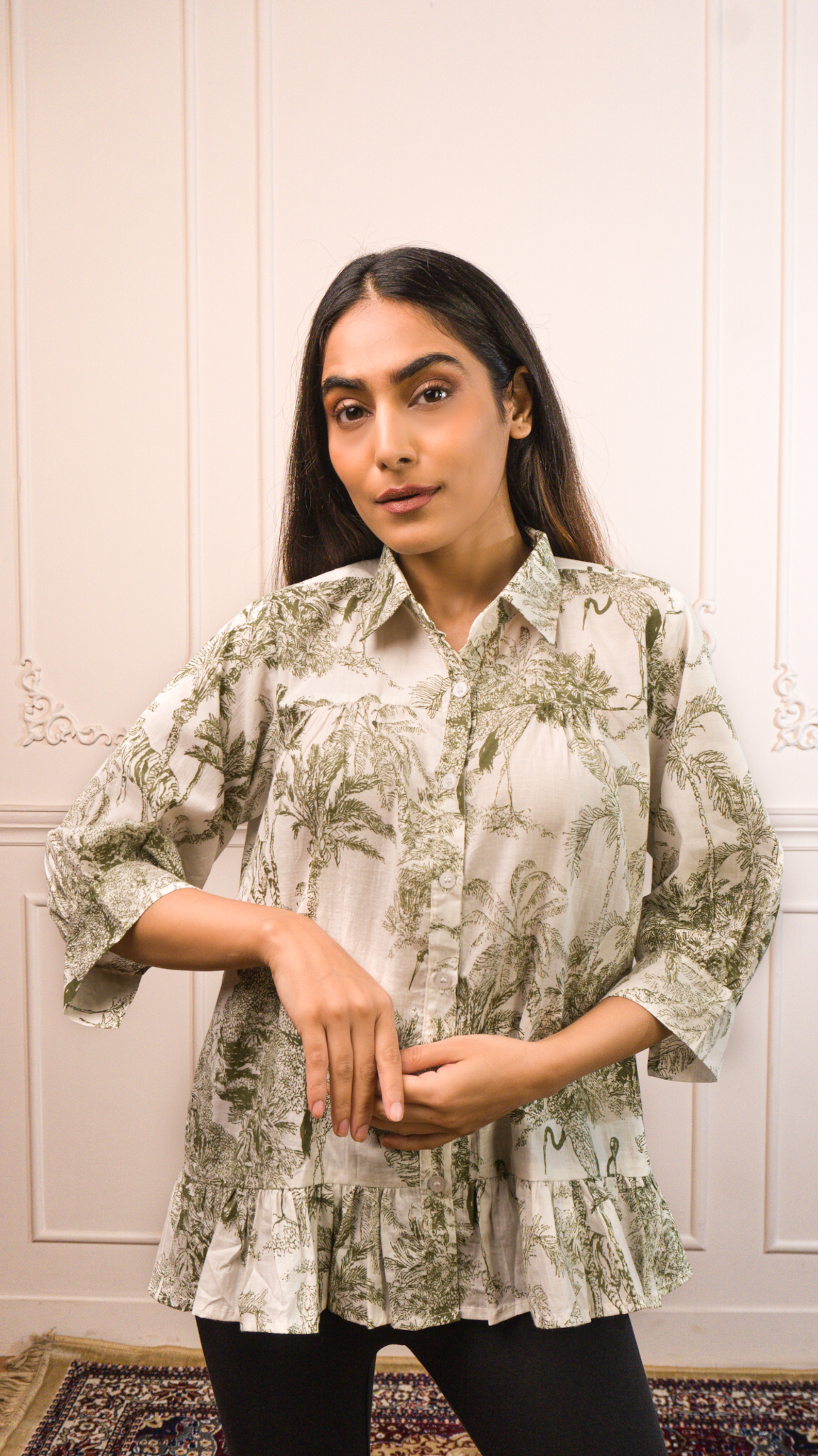 Green&White Printed Cotton Top