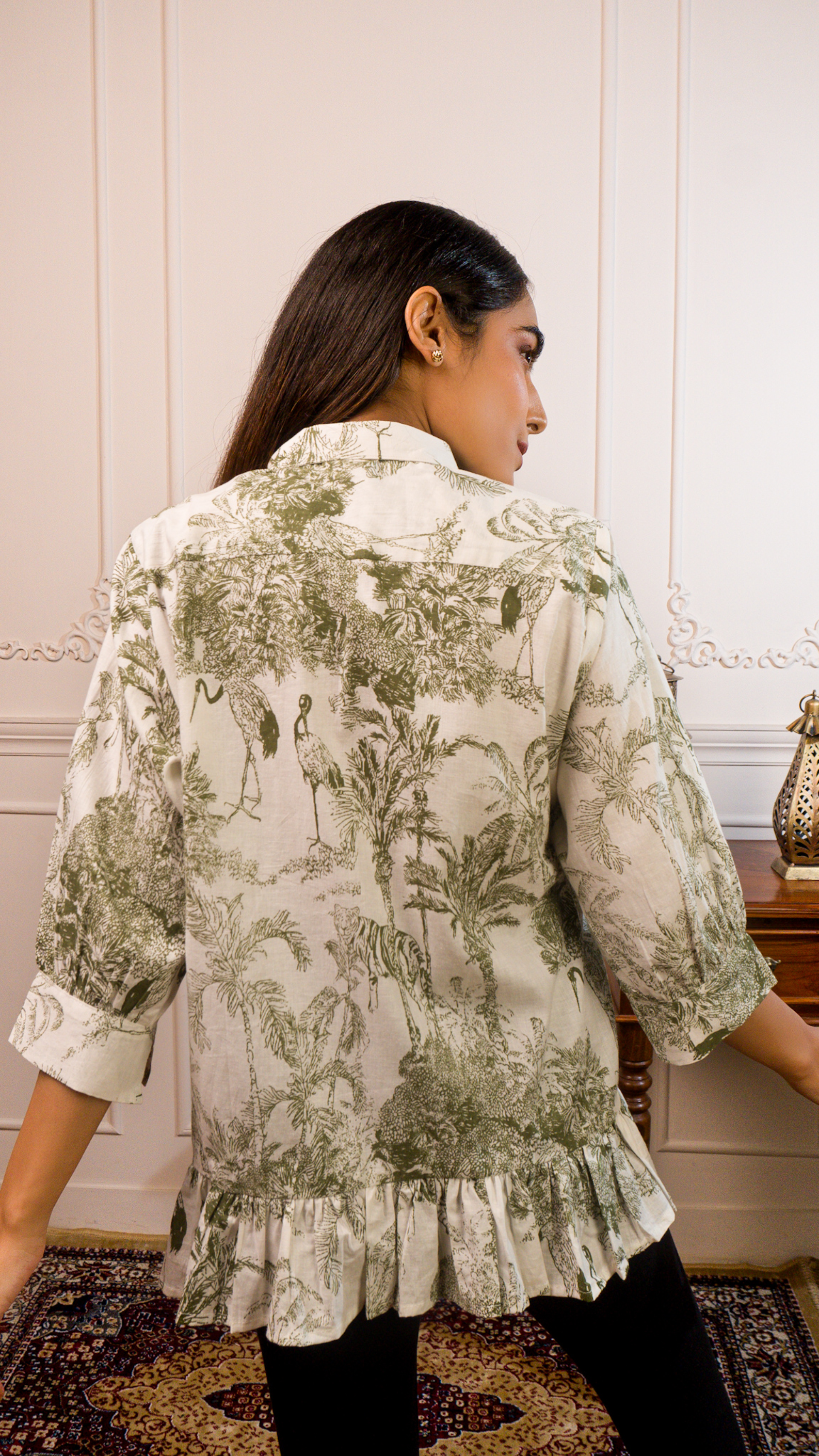 Green&White Printed Cotton Top