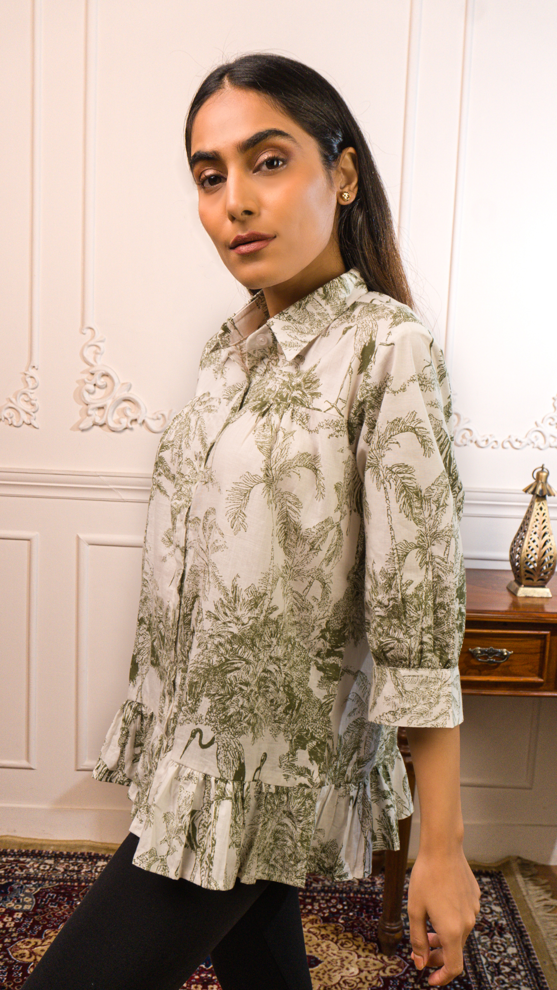 Green&White Printed Cotton Top