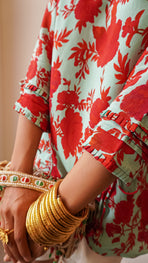Red & Sea Green Print Top