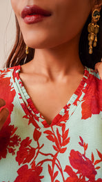 Red & Sea Green Print Top