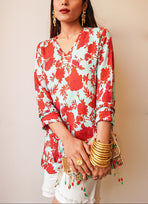 Red & Sea Green Print Top