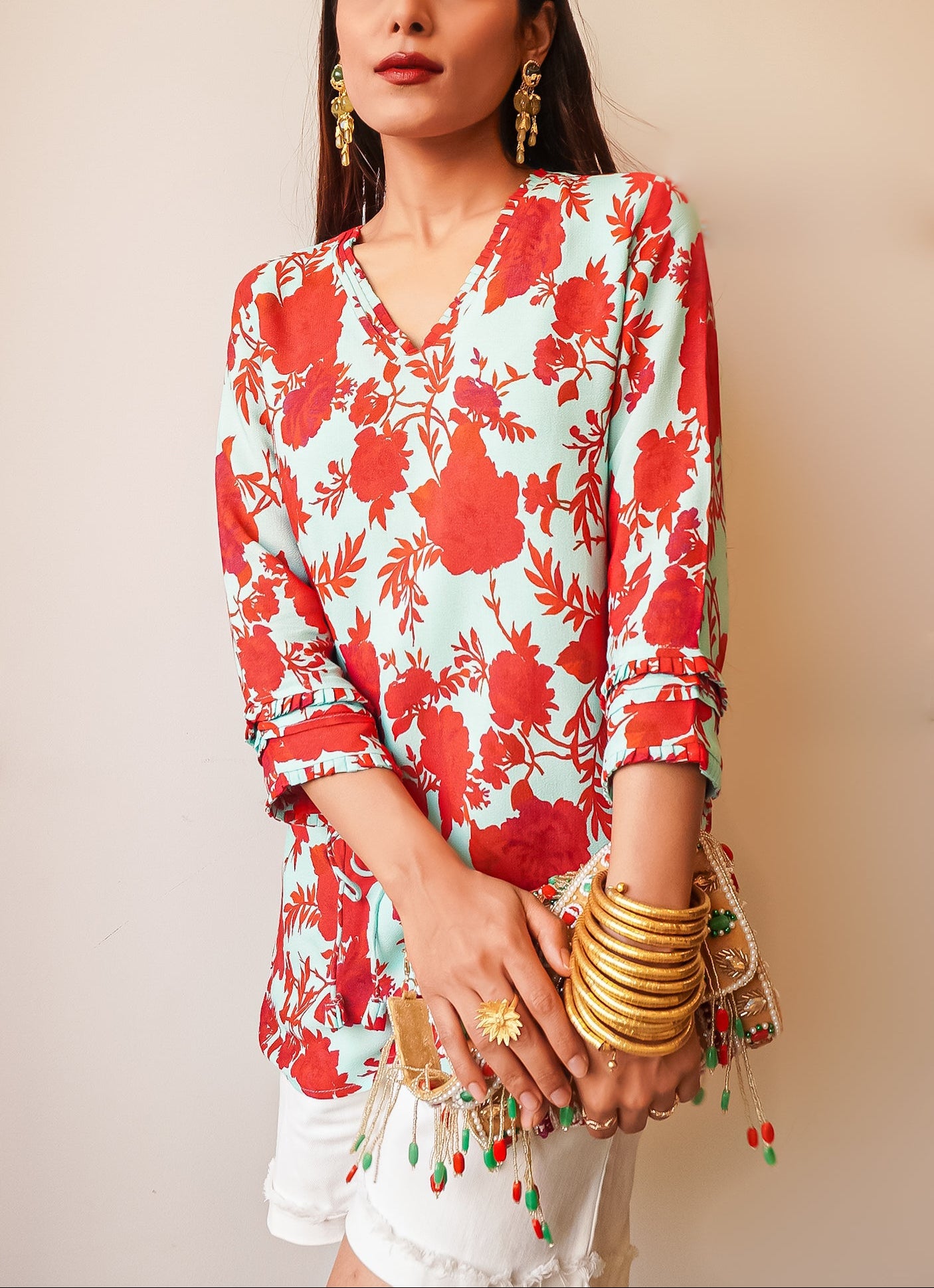 Red & Sea Green Print Top