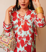 Red & Sea Green Print Top