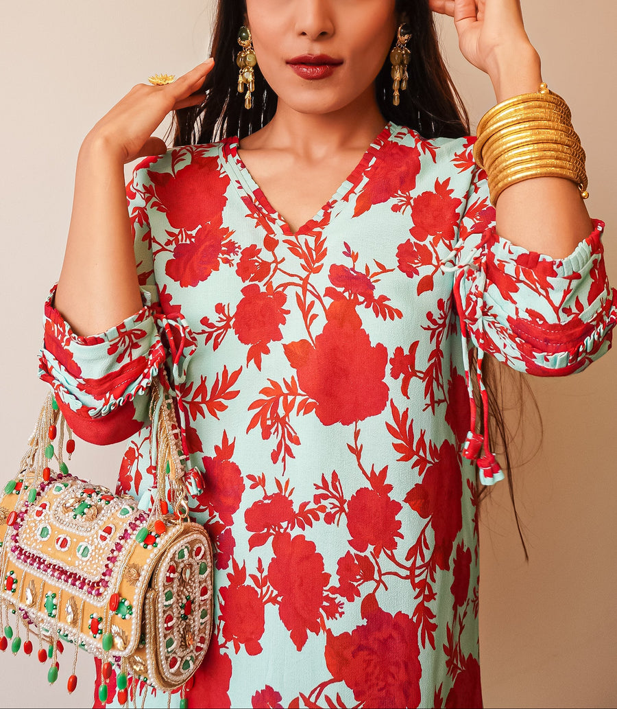 Red & Sea Green Print Top